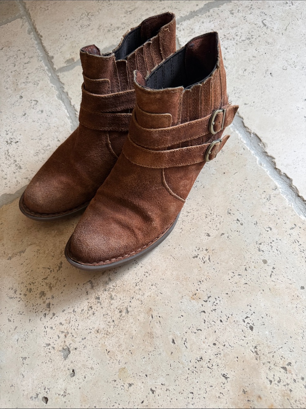 Born Brown Suede Ankle Booties with Double Buckle Straps